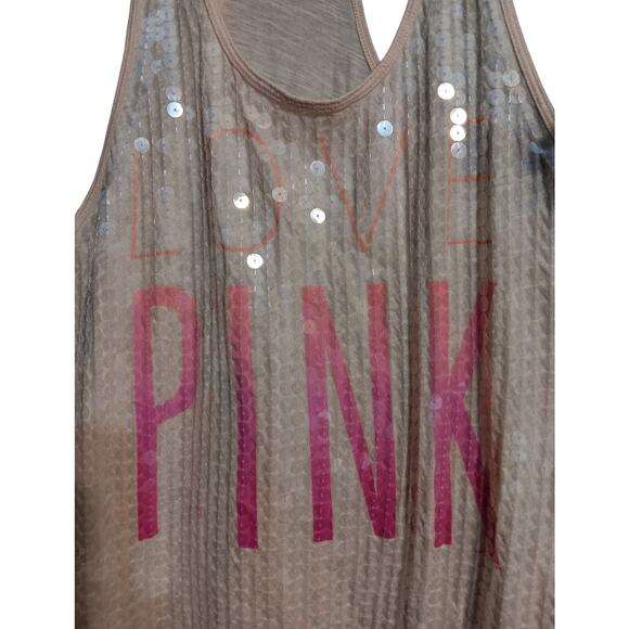 VICTORIA SECRET LOVE PINK Small SEQUIN TANK TOP BLING Orange Shirt Racerback - Picture 2 of 6